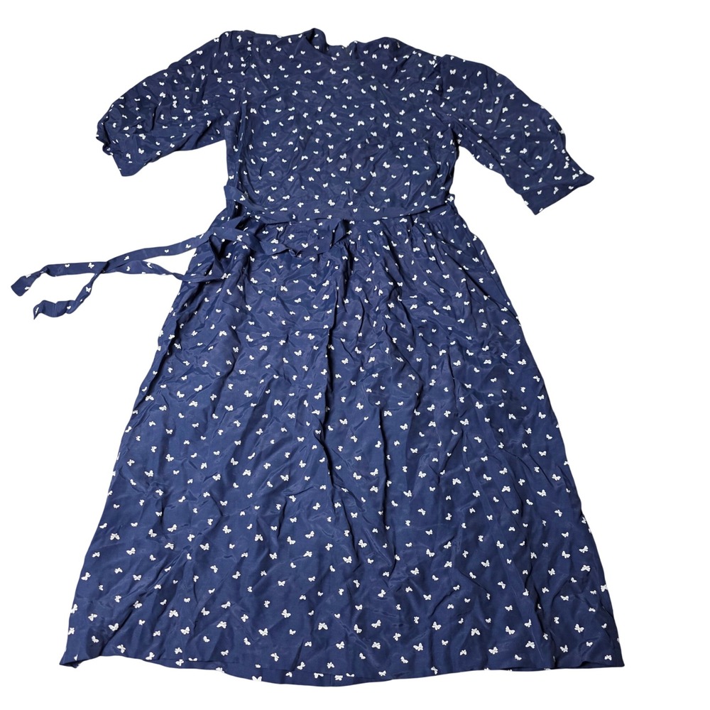 Karin Stevens Womens Vintage Midi Dress Navy Blue Butterfly Bow Print Tie Waist